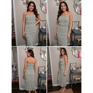 Mable Dress Womens Sage Green Floral Smocked Midi Adjustable Strap Ruffle Sz M